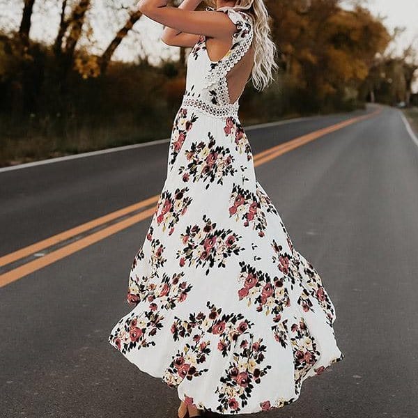 Women's Floral Maxi Dress – Sleeveless Flutter Sleeve, Lace Back, Tiered Skirt, Perfect for Summer