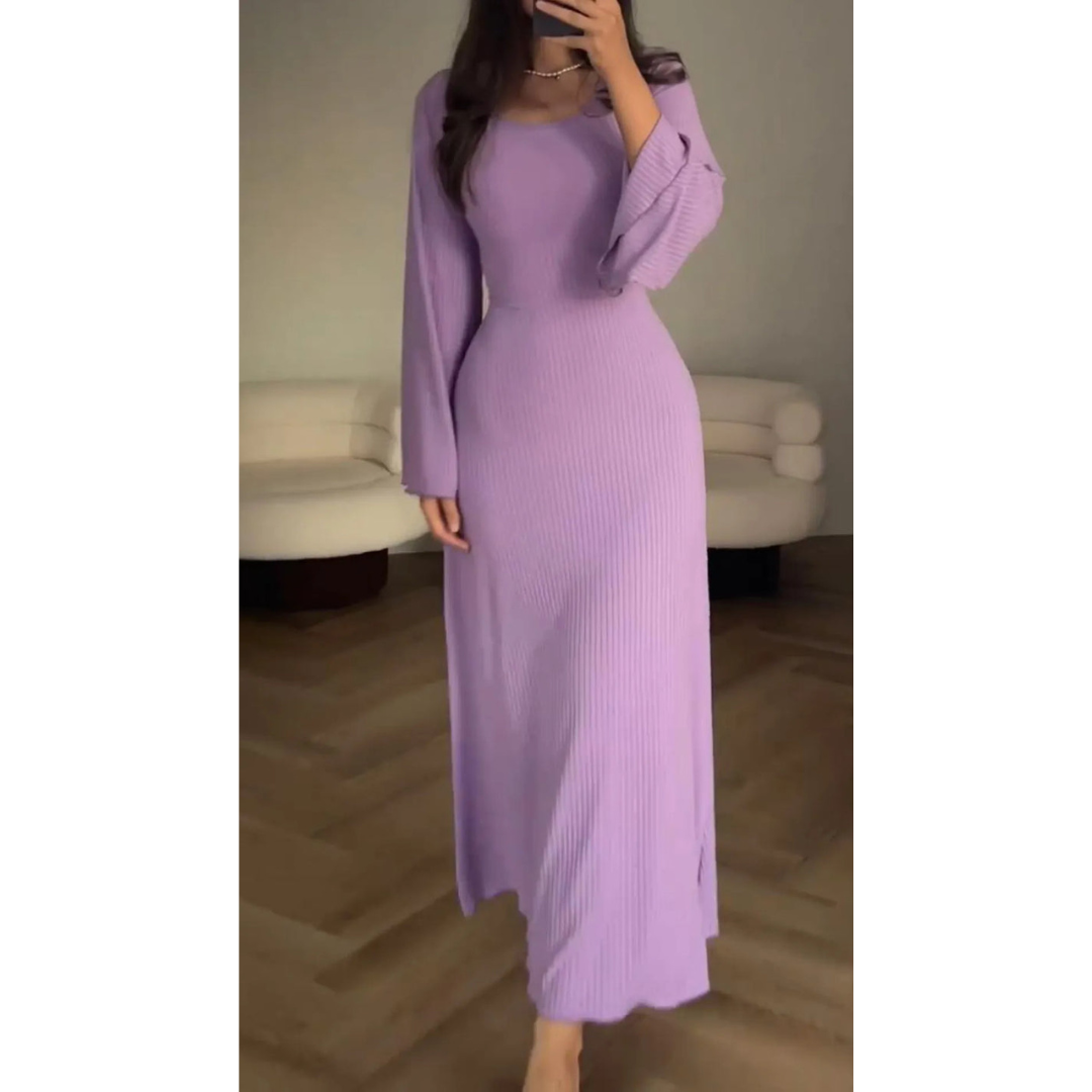 Women's Knit Maxi Dress – Ribbed Texture, Long Sleeve, Flared Hem, Comfortable Fit