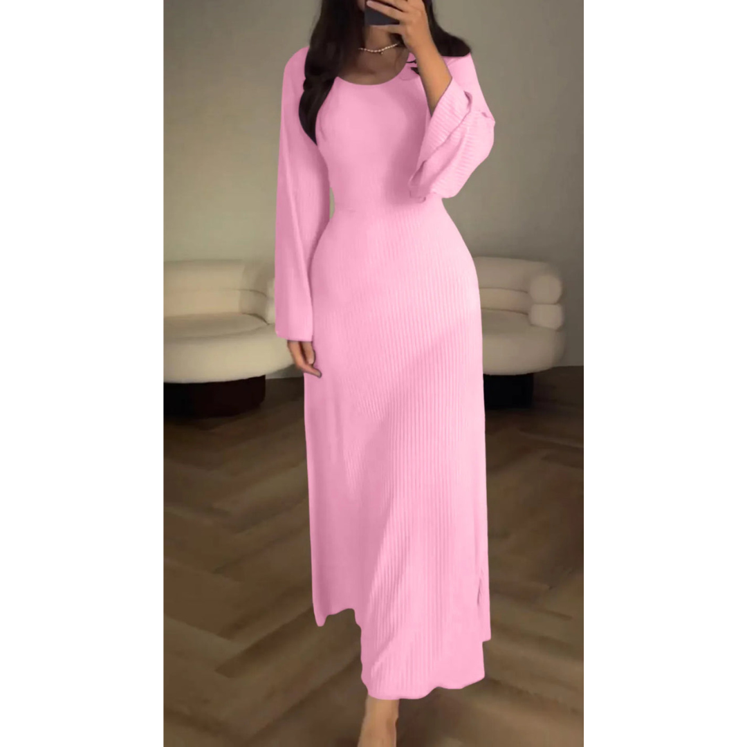 Women's Knit Maxi Dress – Ribbed Texture, Long Sleeve, Flared Hem, Comfortable Fit
