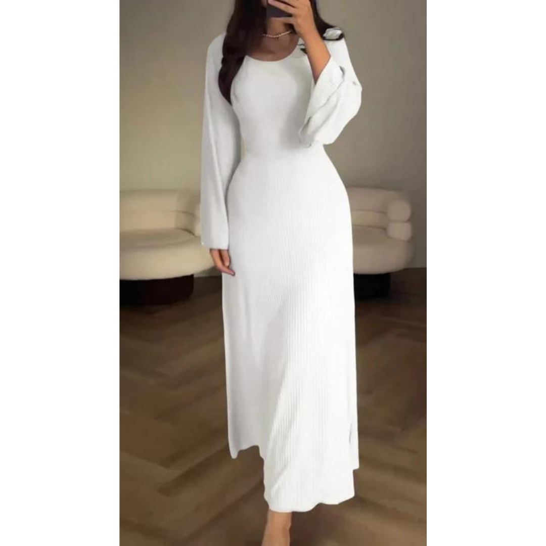Variant image for Women's Knit Maxi Dress – Ribbed Texture, Long Sleeve, Flared Hem, Comfortable Fit-21
