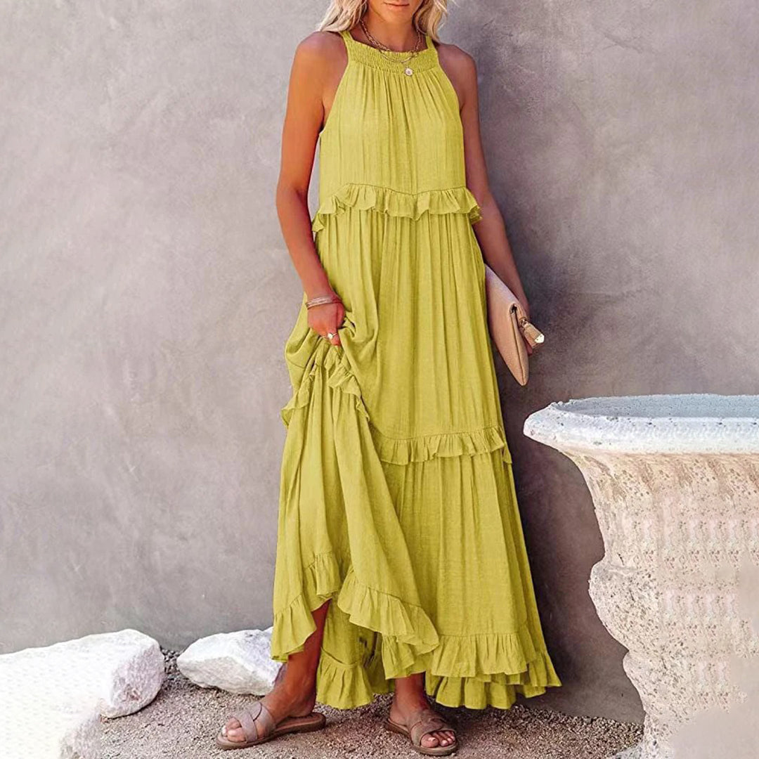 Variant image for Women's White Maxi Dress – Sleeveless Halter Neck, Ruffle Tiered A-Line, Lightweight Cotton Blend-26