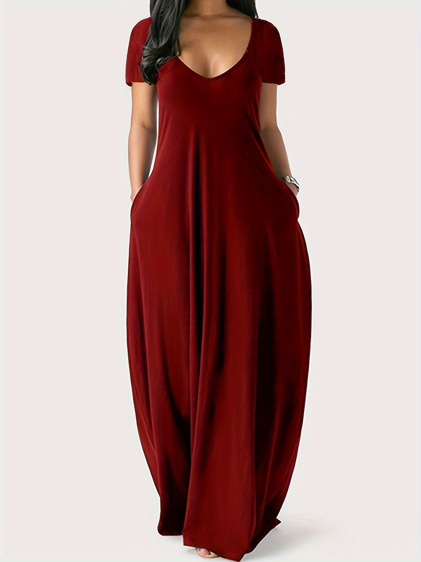 Variant image for Women's Flowy Maxi Dress – Lightweight V-Neck, Short Sleeve, Pockets, Perfect for Summer-1