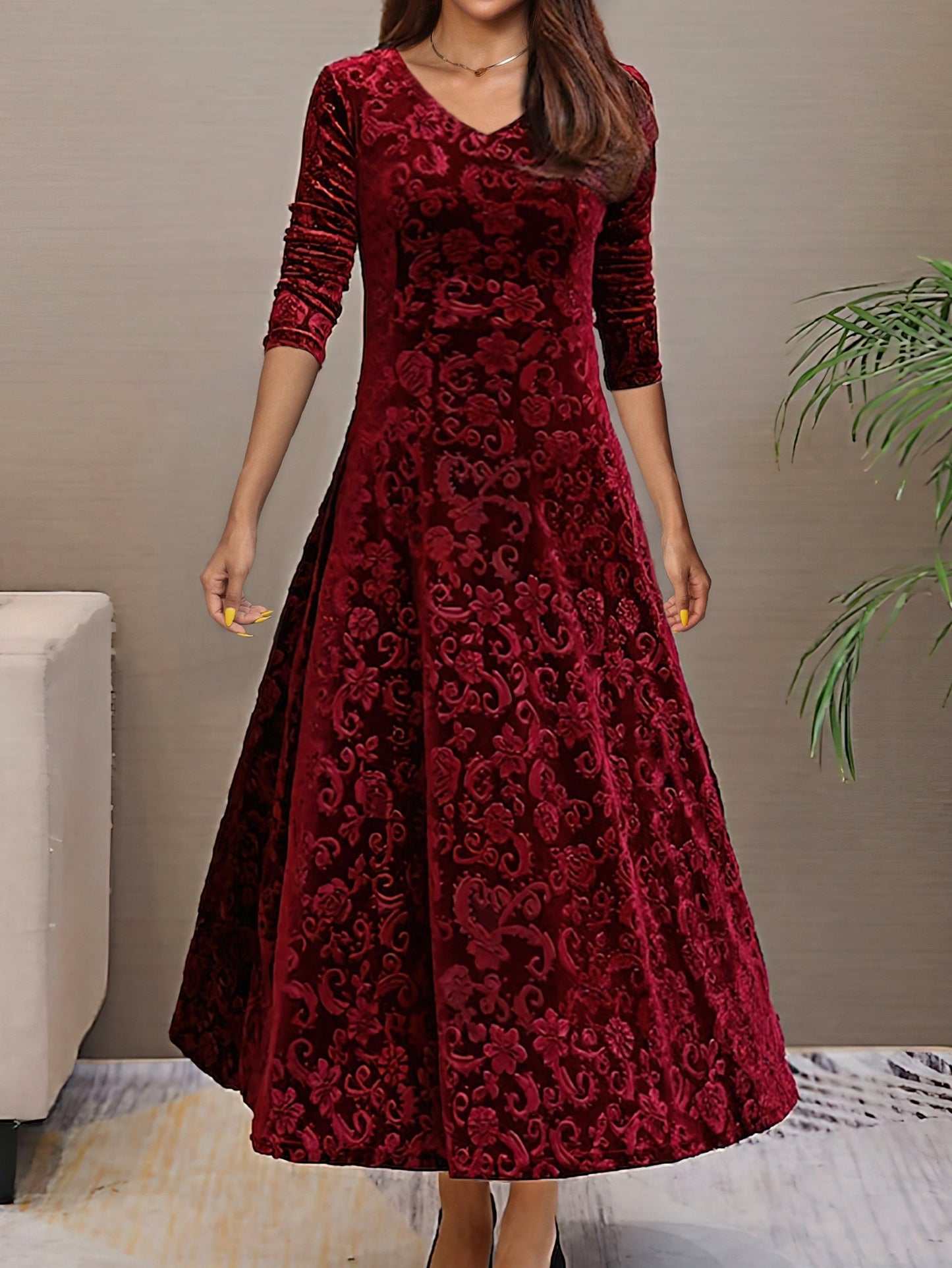 Women's Velvet A-Line Midi Dress – Elegant V-Neck, 3/4 Sleeve, Floral Pattern, Perfect for Semi-Formal Events