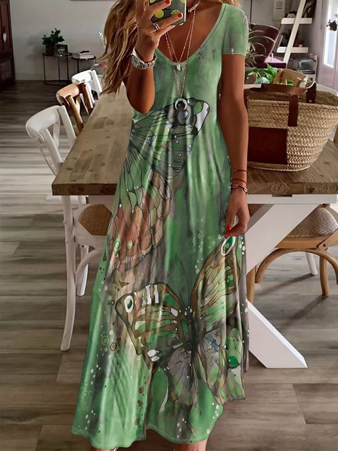 Women's Butterfly Print Maxi Dress – Sleeveless V-Neck, Flowing Fit, Lightweight Viscose, Summer Ready