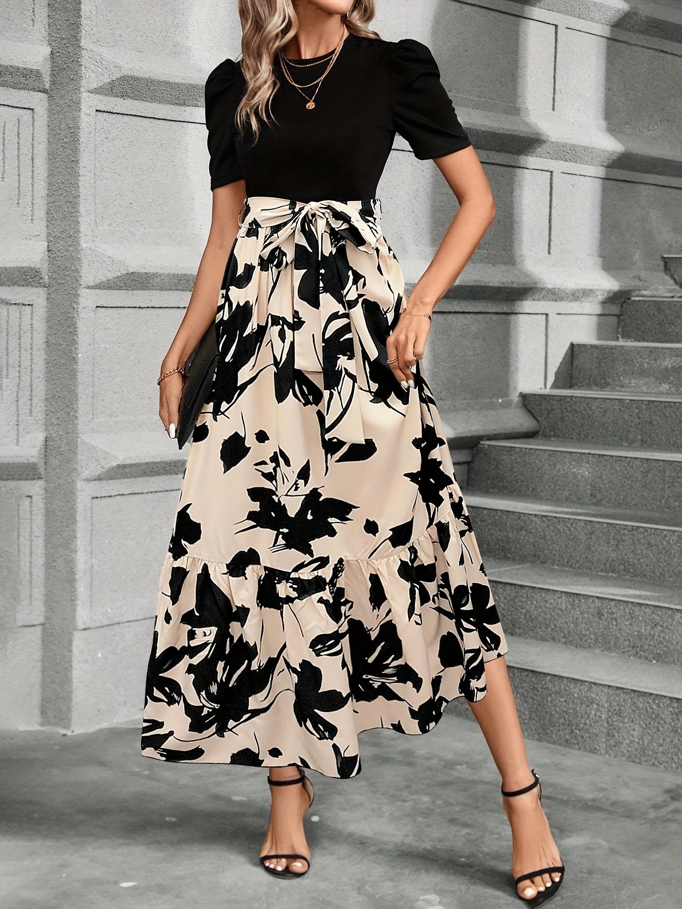 Women's Floral Maxi Dress – Puff Short Sleeve, A-Line Fit, Cotton, Perfect for Summer