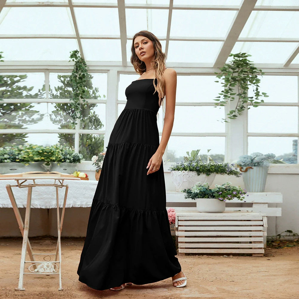 Women's Strapless Maxi Dress – Flowy Tiered Silhouette, Lightweight Cotton Blend, Perfect for Summer