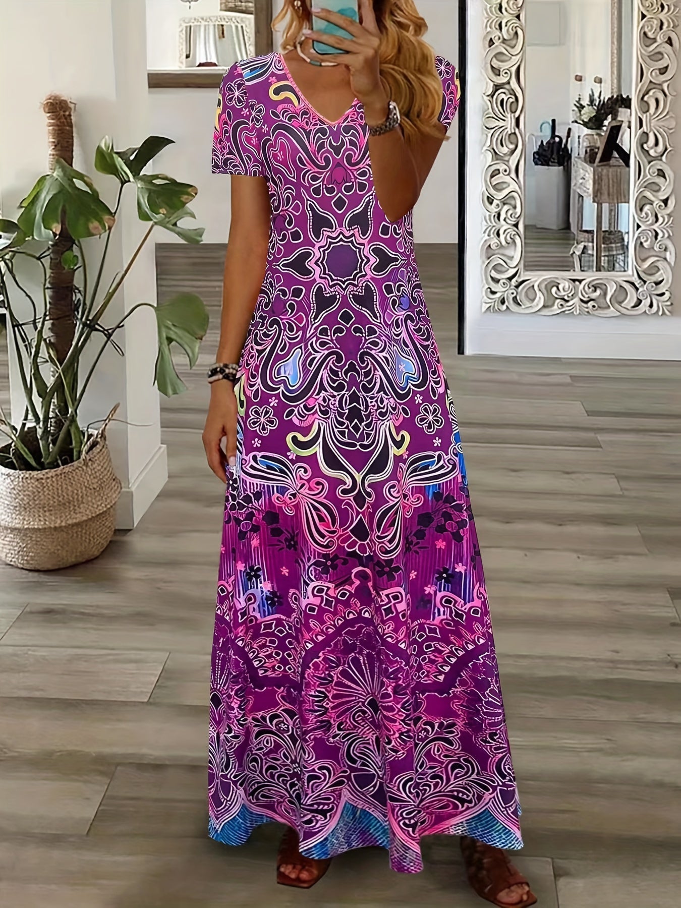 Women's Maxi Dress – Elegant V-Neck, Short Sleeve, Relaxed Fit, Ornate Pattern, Summer Ready