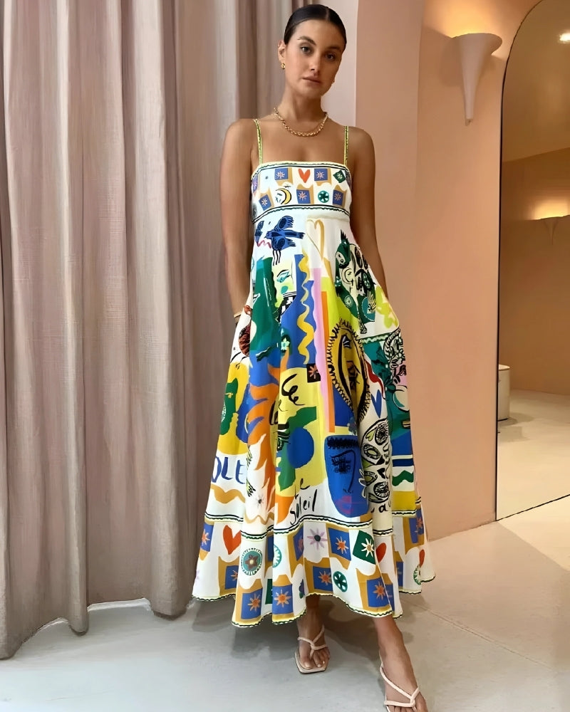 Amelia | Vibrant Linen Floral Summer Dress Flowy Sleeveless Maxi for Women