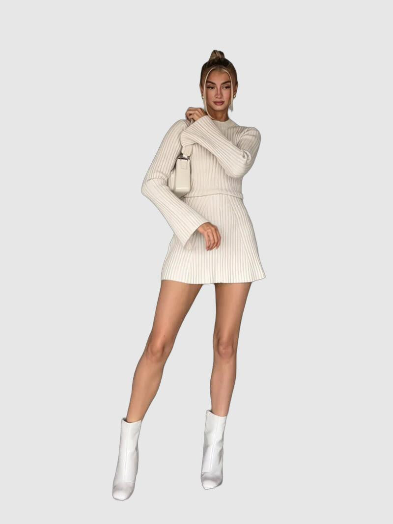 Women's Ribbed Knit Mini Dress – Cozy Fit-and-Flare, Long Bell Sleeves, Stretch Fabric, Perfect for Fall/Winter