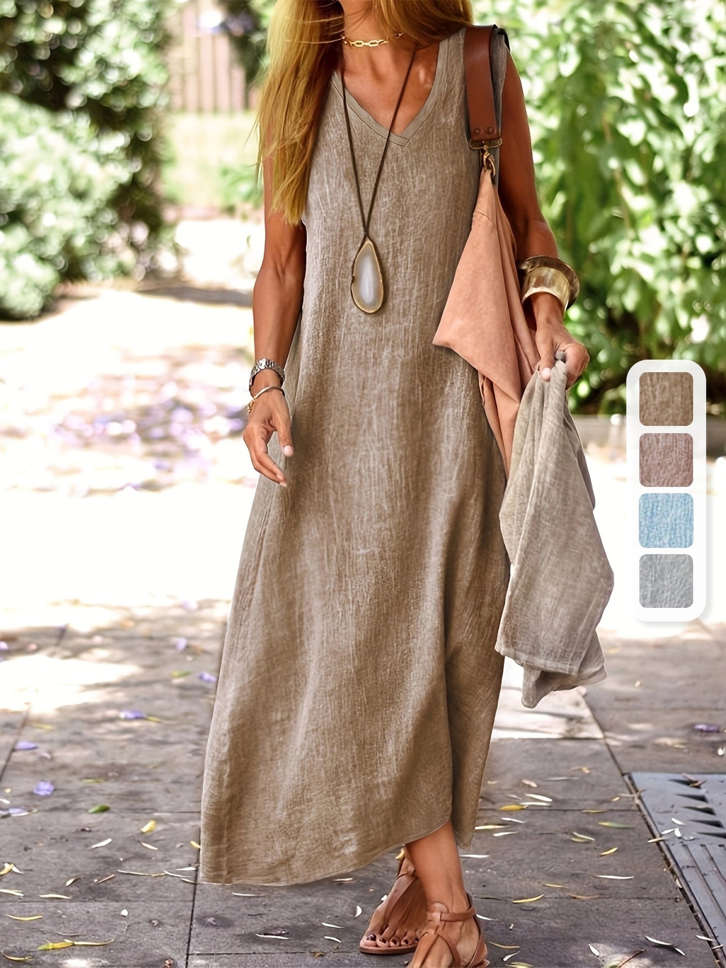 Women's Maxi Dress – Elegant Sleeveless V-Neck, Relaxed Fit, Lightweight Cotton Blend, Summer Essential