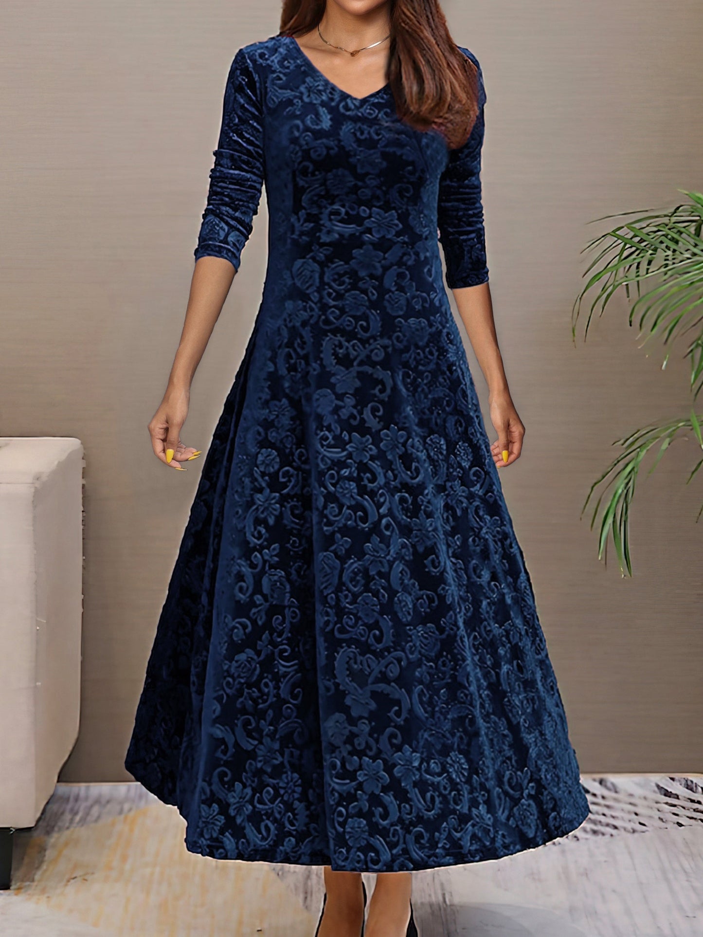 Women's Velvet A-Line Midi Dress – Elegant V-Neck, 3/4 Sleeve, Floral Pattern, Perfect for Semi-Formal Events