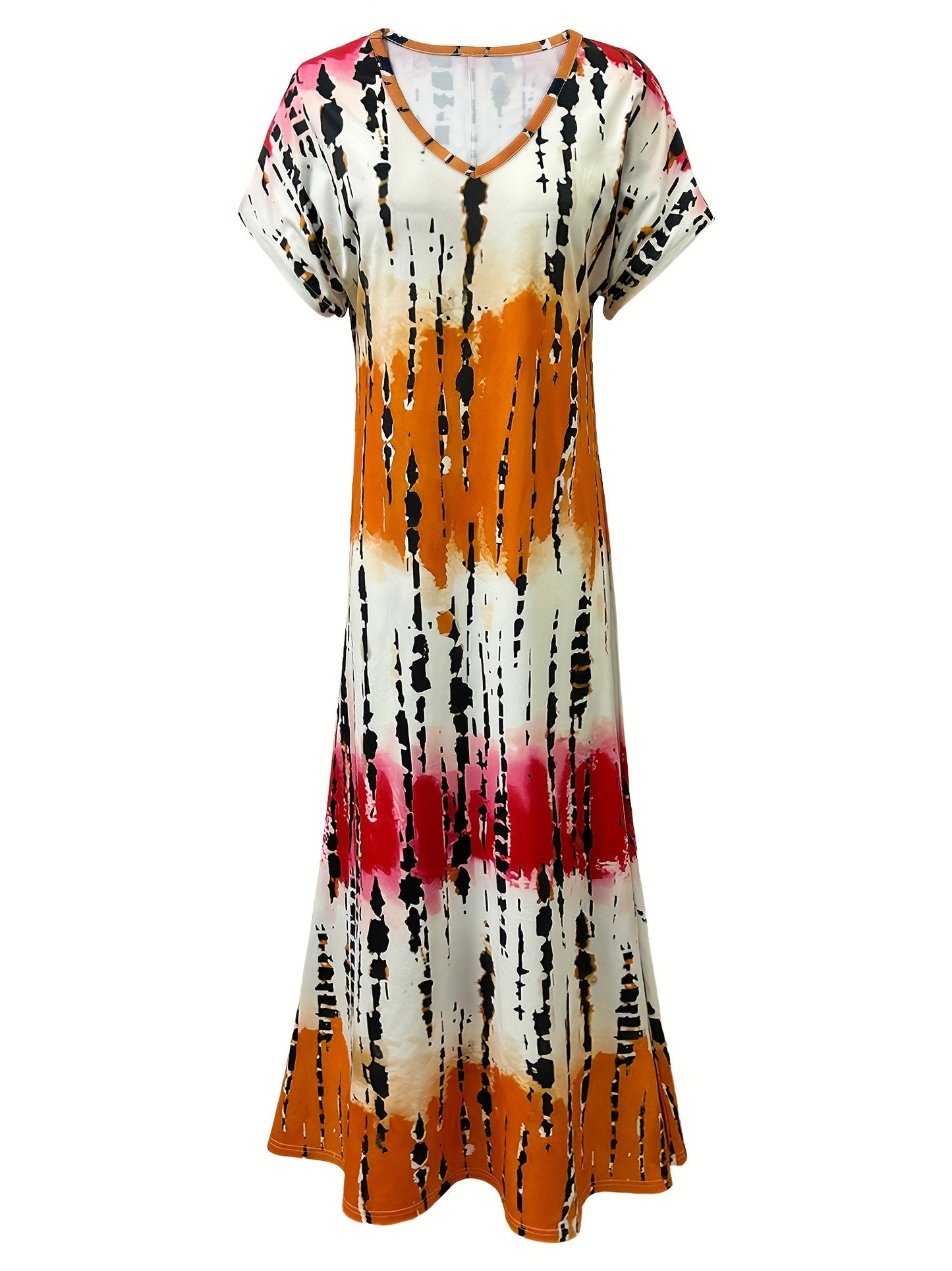 Women's Abstract Print Maxi Dress – V-Neck, Short Sleeve, Relaxed Fit, Side Slits, Rayon Blend