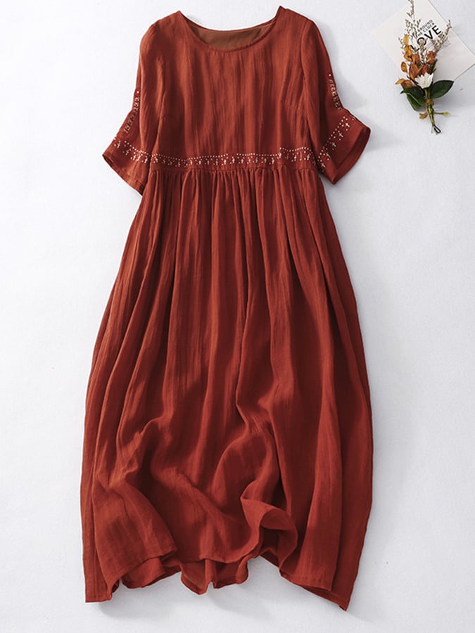Women's Embroidered White Summer Dress – Breathable Cotton Linen, Relaxed Fit