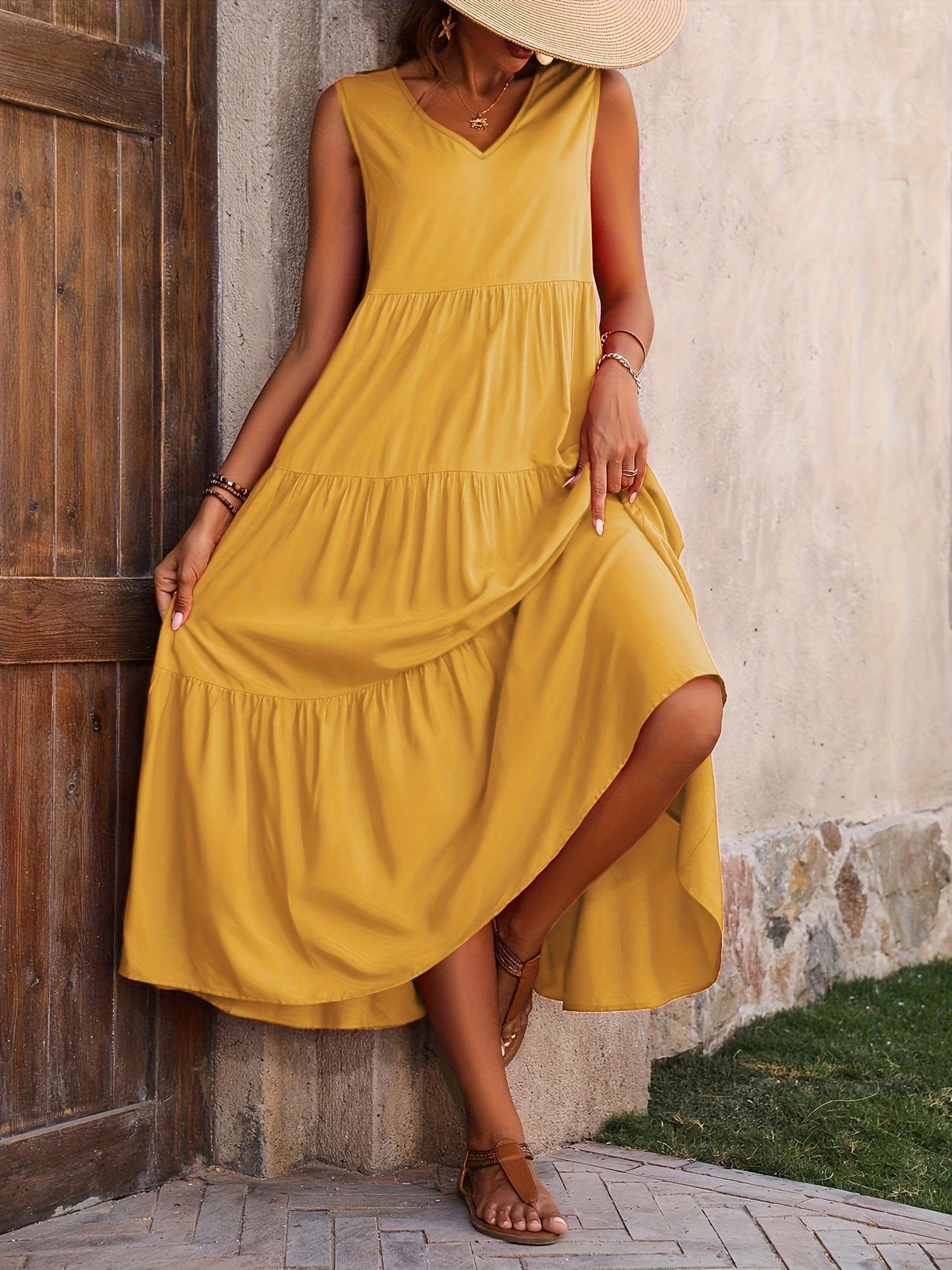 Variant image for Women's Maxi Dress – Sleeveless V-Neck, Flowing Fit, Tiered Design, Perfect for Summer-16