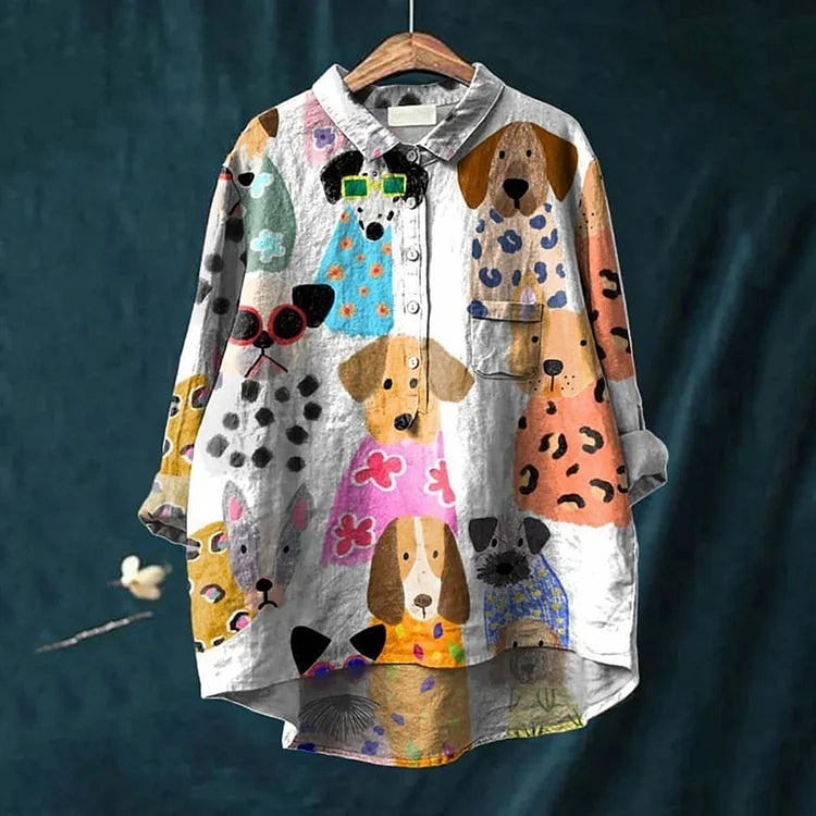 Erin | Women’s Dog Art Shirt Loose Fit Button-Up Casual Tee