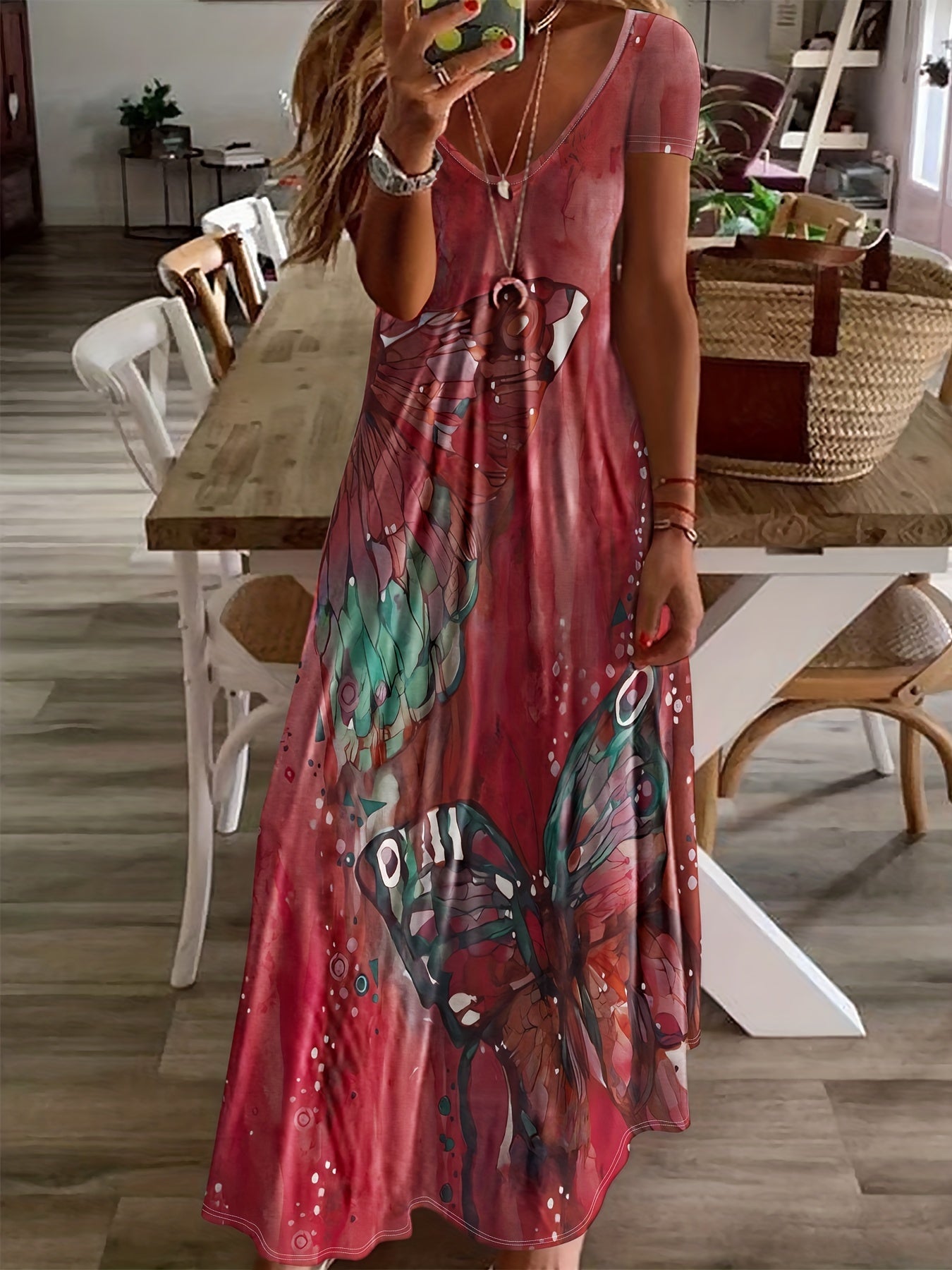 Variant image for Women's Butterfly Print Maxi Dress – Sleeveless V-Neck, Flowing Fit, Lightweight Viscose, Summer Ready-36