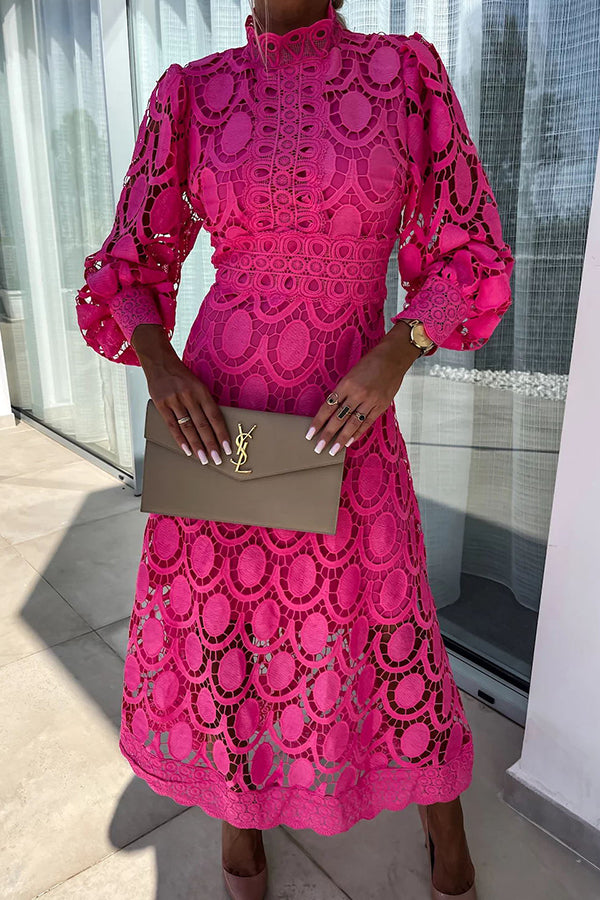 Daisy | Elegant Lace Midi Dress Puff Sleeve High Neck A-Line Cocktail Dress