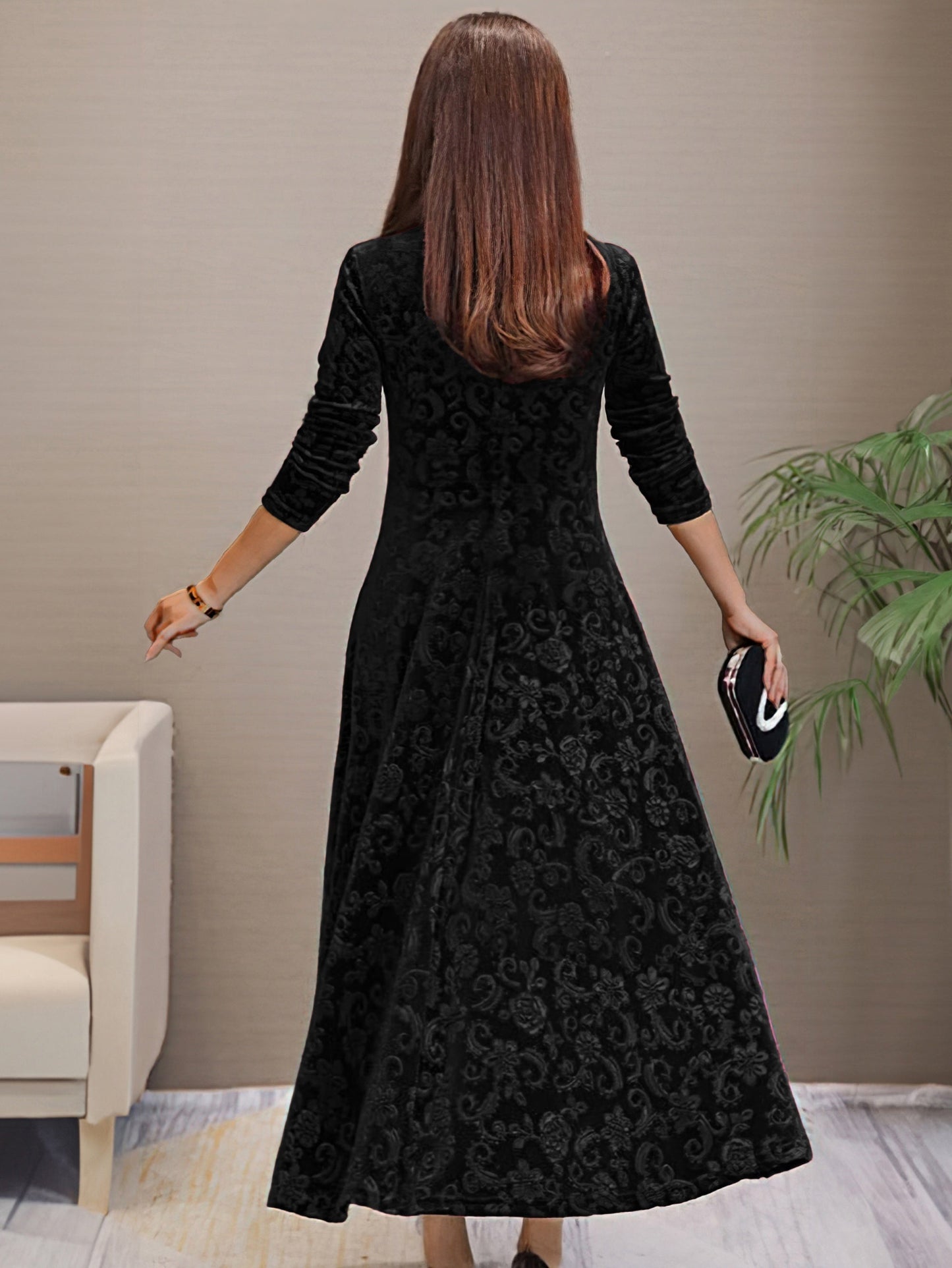 Women's Velvet A-Line Midi Dress – Elegant V-Neck, 3/4 Sleeve, Floral Pattern, Perfect for Semi-Formal Events