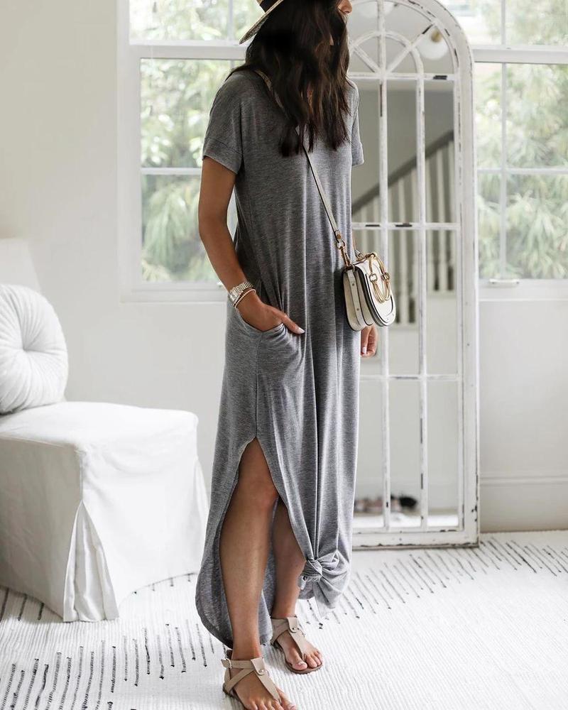 Women's Casual Maxi Dress – Soft Cotton Blend, Relaxed Fit, Short Sleeve, Side Slit, Pockets, Summer Essential
