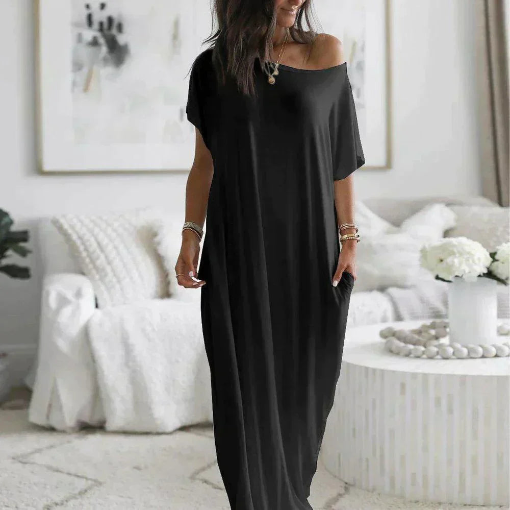 Variant image for Women's Casual Maxi Dress – Soft Cotton Blend, Relaxed Fit, Short Sleeve, Side Slit, Pockets, Summer Essential-1