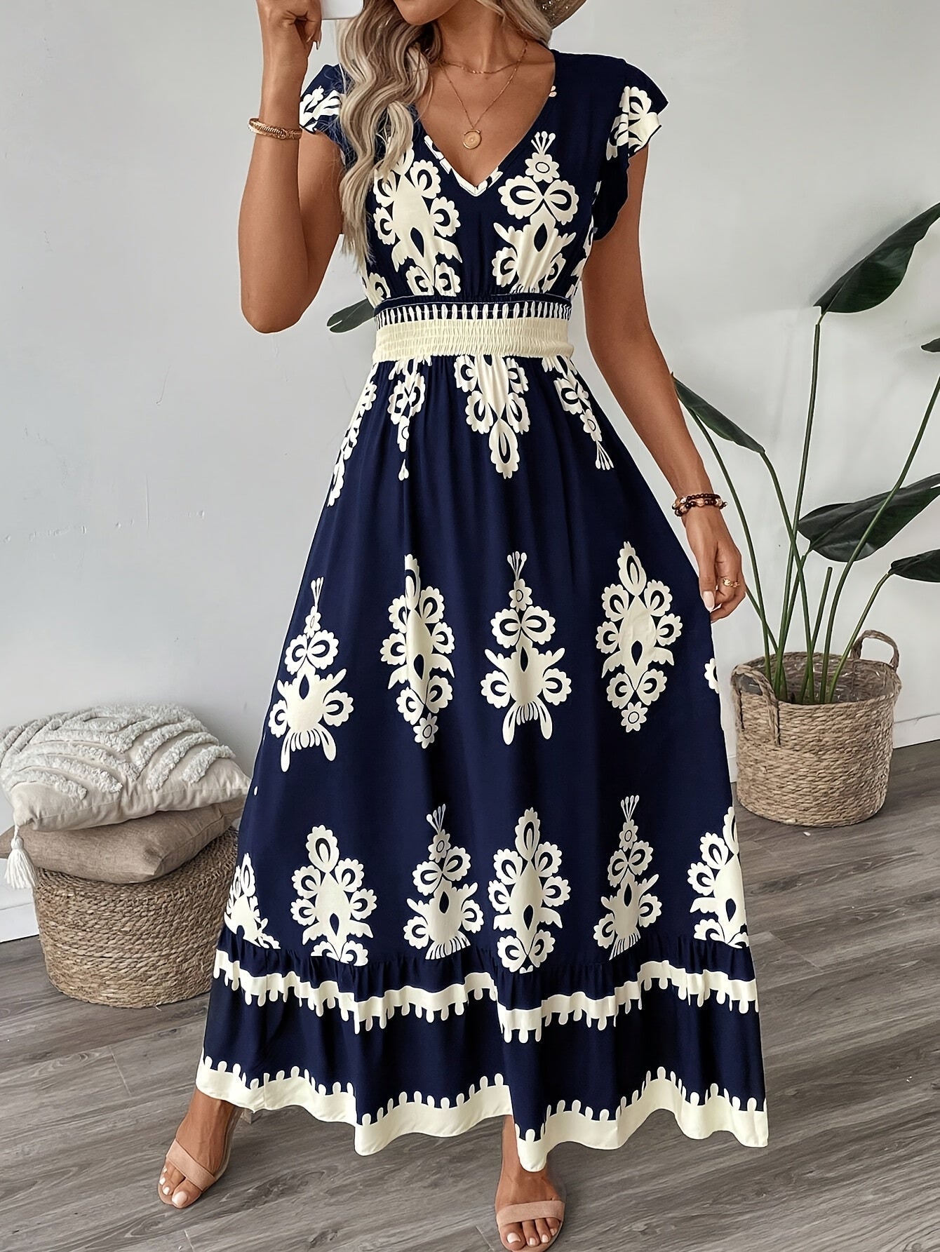 Women's Floral Geometric Maxi Dress – V-Neck, Short Sleeve, Elastic Waist, Summer Style