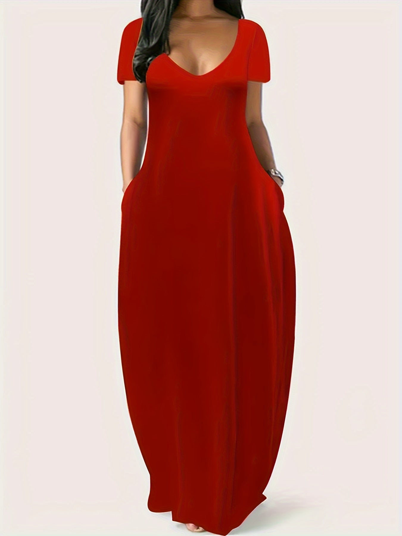 Variant image for Women's Flowy Maxi Dress – Lightweight V-Neck, Short Sleeve, Pockets, Perfect for Summer-25