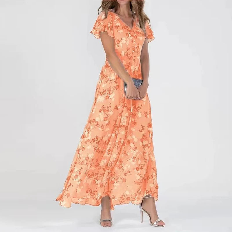 Women's Floral Maxi Dress – Elegant V-Neck, A-Line Fit, Short Flutter Sleeves, Lightweight Chiffon