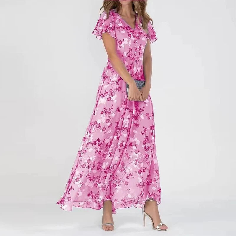 Women's Floral Maxi Dress – Elegant V-Neck, A-Line Fit, Short Flutter Sleeves, Lightweight Chiffon