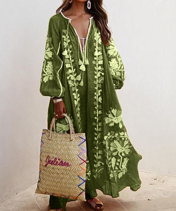 Women's Bohemian Maxi Dress – Embroidered V-Neck, Loose Fit, Long Sleeve, Lightweight Summer Style
