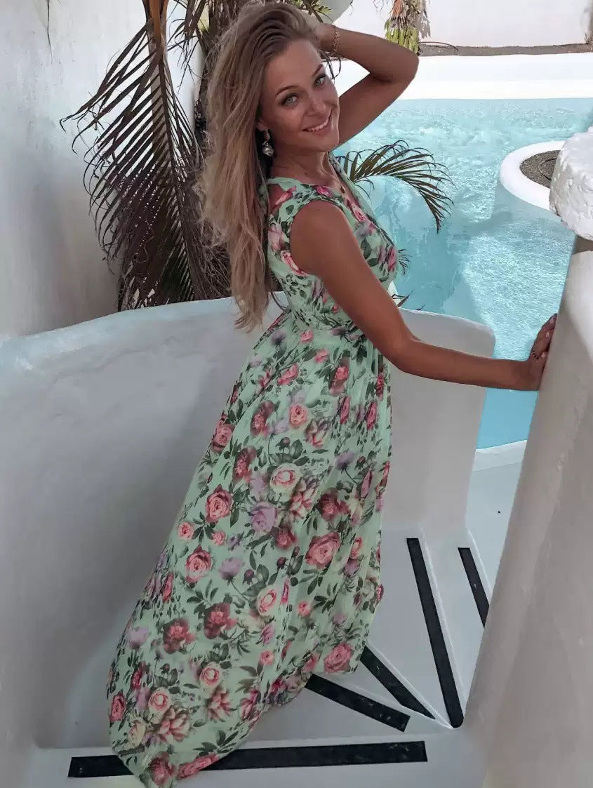 Women's Summer Maxi Dress – Elegant Sleeveless, Vibrant Print, Flowy Fit