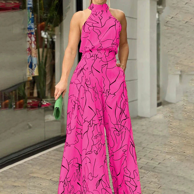 Women's Black Maxi Dress – Elegant Halter Neck, Fitted Waist, Abstract Print, Flowing Silhouette