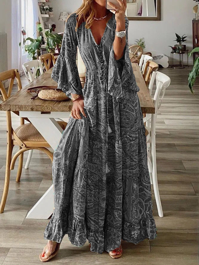 Women's Boho Maxi Dress – Deep V-Neck, Button Front, Bell Sleeves, Ruffle Hem, Summer Ready