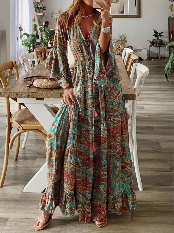 Women's Boho Maxi Dress – Deep V-Neck, Button Front, Bell Sleeves, Ruffle Hem, Summer Ready