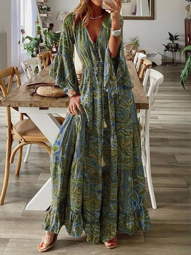 Variant image for Women's Boho Maxi Dress – Deep V-Neck, Button Front, Bell Sleeves, Ruffle Hem, Summer Ready-8