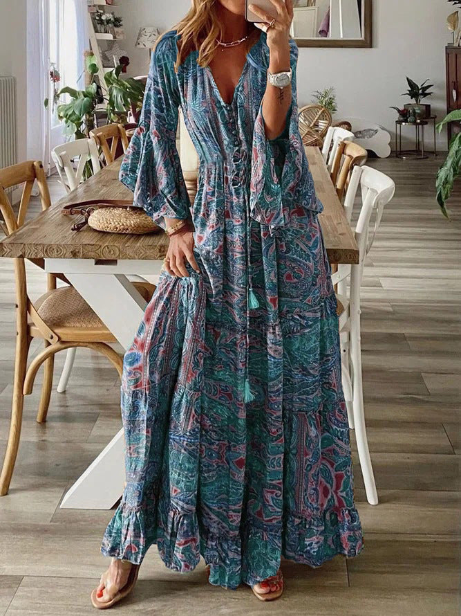 Variant image for Women's Boho Maxi Dress – Deep V-Neck, Button Front, Bell Sleeves, Ruffle Hem, Summer Ready-1