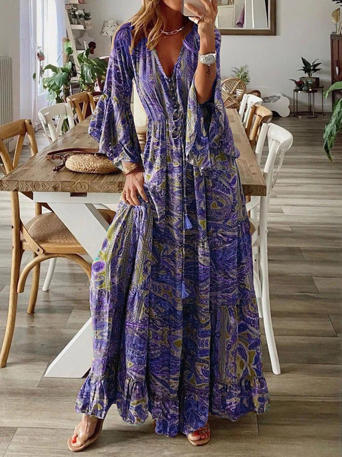 Variant image for Women's Boho Maxi Dress – Deep V-Neck, Button Front, Bell Sleeves, Ruffle Hem, Summer Ready-22