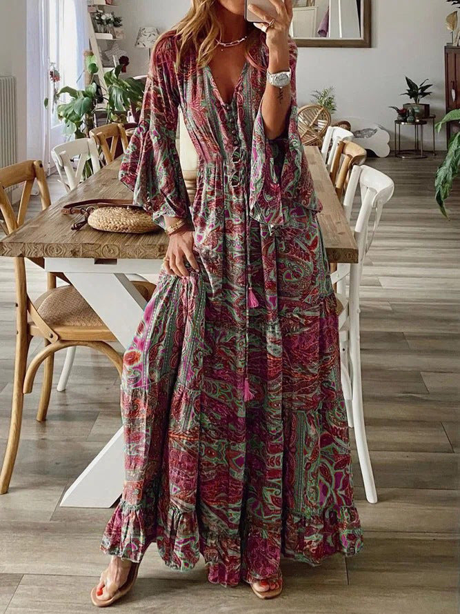 Women's Boho Maxi Dress – Deep V-Neck, Button Front, Bell Sleeves, Ruffle Hem, Summer Ready