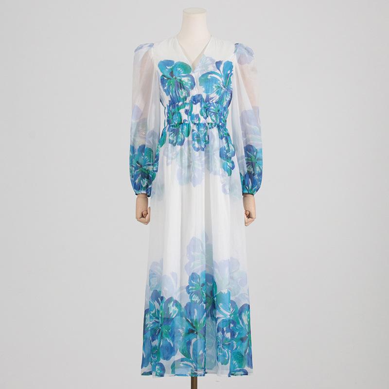Women's Floral Midi Dress – Elegant V-Neck, Smocked Waist, Long Sleeve, Lightweight, All-Season