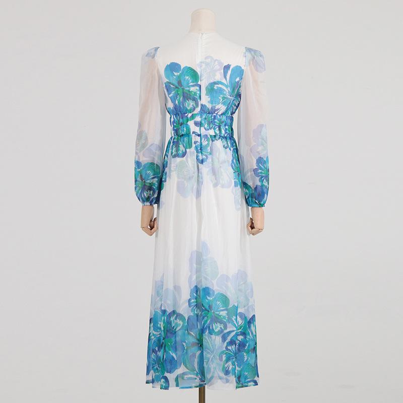 Women's Floral Midi Dress – Elegant V-Neck, Smocked Waist, Long Sleeve, Lightweight, All-Season