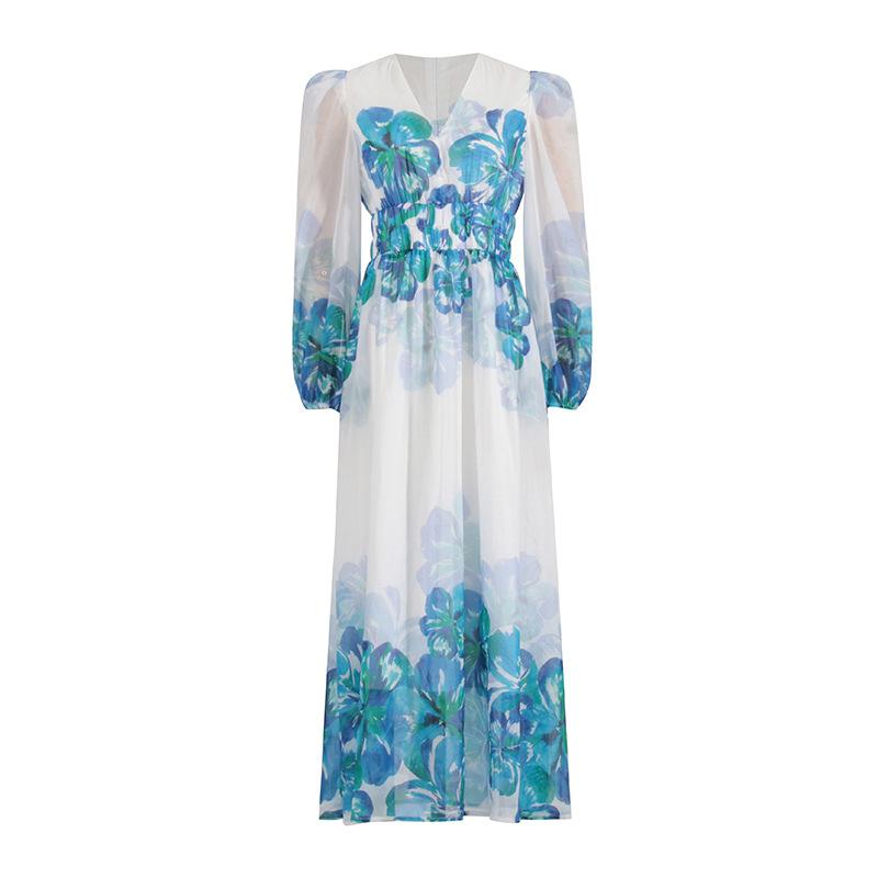 Women's Floral Midi Dress – Elegant V-Neck, Smocked Waist, Long Sleeve, Lightweight, All-Season