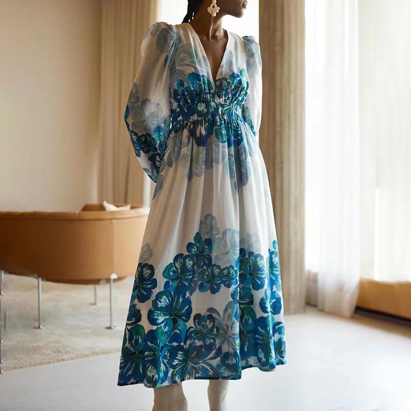 Women's Floral Midi Dress – Elegant V-Neck, Smocked Waist, Long Sleeve, Lightweight, All-Season