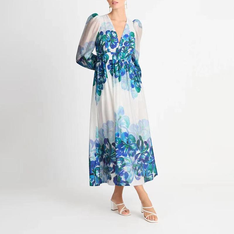 Variant image for Women's Floral Midi Dress – Elegant V-Neck, Smocked Waist, Long Sleeve, Lightweight, All-Season-1