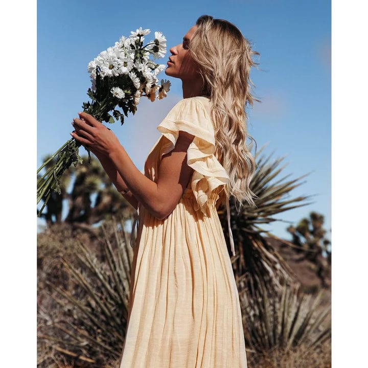 Women's Flowing Maxi Dress – Ruffled Sleeves, V-Neck, Elastic Waist, Casual Summer Wear