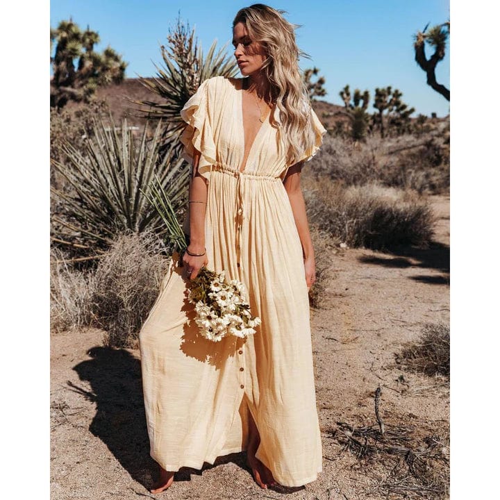 Women's Flowing Maxi Dress – Ruffled Sleeves, V-Neck, Elastic Waist, Casual Summer Wear
