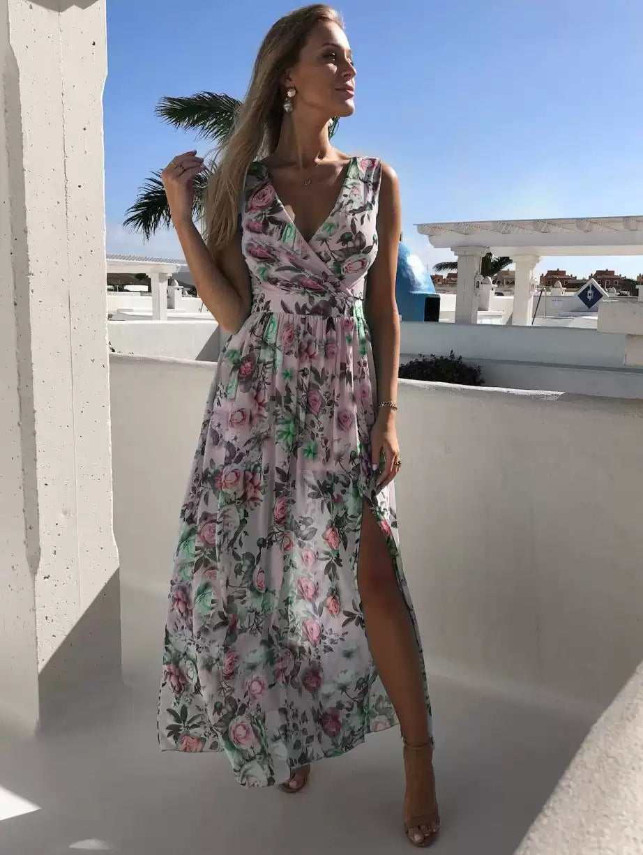 Women's Summer Maxi Dress – Elegant Sleeveless, Vibrant Print, Flowy Fit