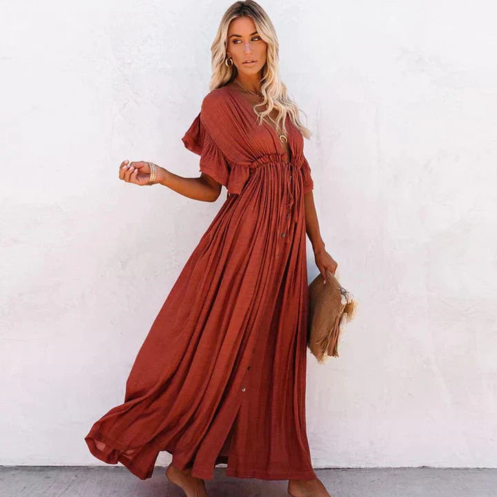 Women's Bohemian Maxi Dress – Deep V-Neck, Short Ruffle Sleeves, Button Front, Lightweight Rayon, Summer Ready