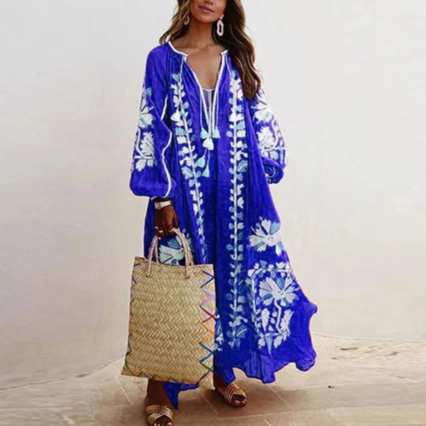 Variant image for Women's Bohemian Maxi Dress – Embroidered V-Neck, Loose Fit, Long Sleeve, Lightweight Summer Style-7