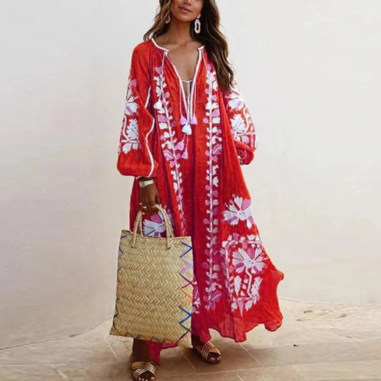 Variant image for Women's Bohemian Maxi Dress – Embroidered V-Neck, Loose Fit, Long Sleeve, Lightweight Summer Style-19
