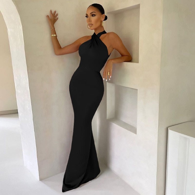Women's Satin Evening Gown – Elegant Halter Neck, Floor Length, Luxurious Fit, Perfect for Formal Events