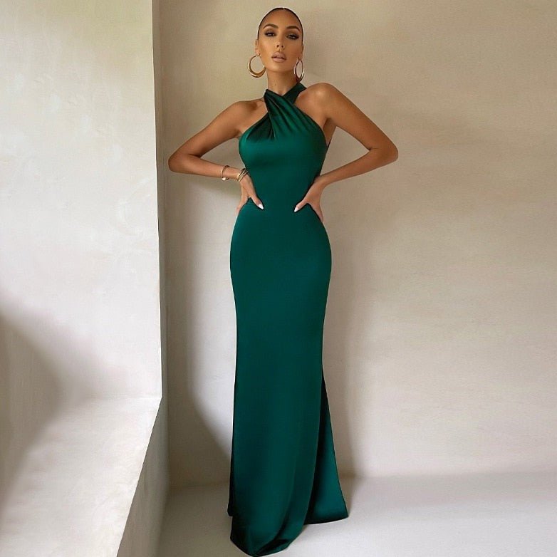 Variant image for Women's Satin Evening Gown – Elegant Halter Neck, Floor Length, Luxurious Fit, Perfect for Formal Events-1